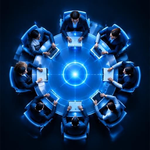 Blue light illustration of professionals collaborating, accompanying the section Introducing the PCI COI Mastermind Group