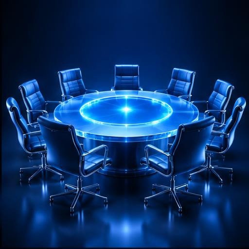 Blue light illustration of professionals collaborating, accompanying the section What Is a Master Orchestrator?