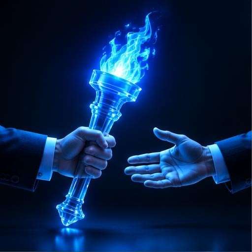 Blue light illustration of professionals collaborating, accompanying the section Refer a Master Orchestrator